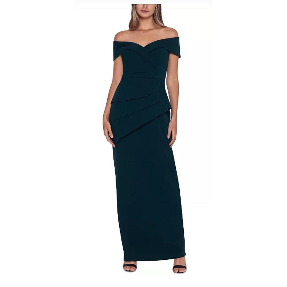 XSCAPE Dress Emerald Pine Green Prom Sz 6 NWOT Off-The-Shoulder Peplum Gown $259